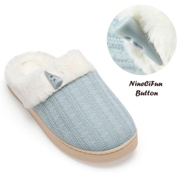 Women's Light Blue Scuff Faux Fur Lining Memory Warm Foam Plush Slippers Shoes - Picture 5 of 9